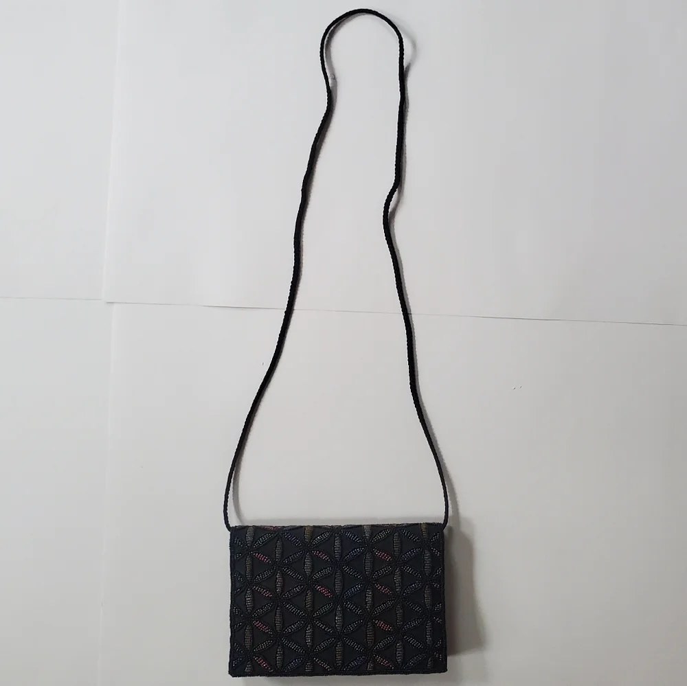 Beaded Geometric Pattern Dressy Purse Evening Bag Black and Jewel Tones. - Picture 8 of 10